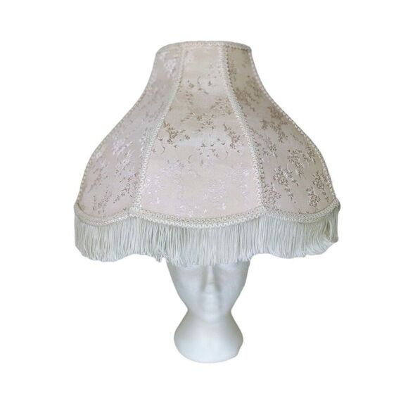 Vintage Victorian Creme Floral Brocade Fringe Scalloped Edge Wired Lampshade
